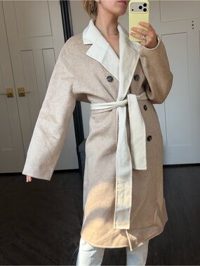 100% wool Reversible Two-Tone Belted Wool Coat - Beige & Cream